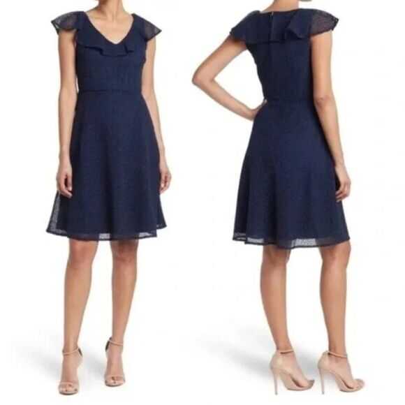 Draper James Navy Midi Dress Heart Lace and Flutter Sleeve Detail - Picture 1 of 10